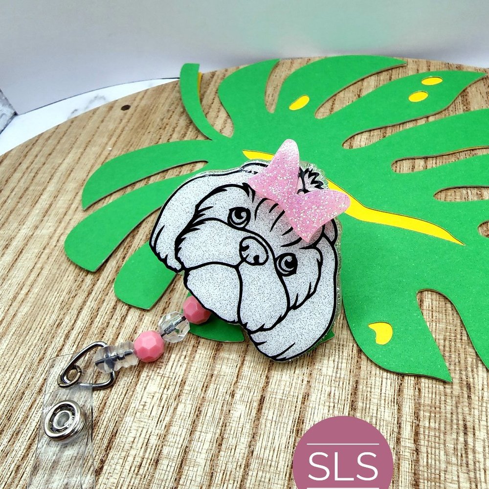 Cute White Shih Tzu Glitter Badge Reel with Pink Bow-Badge Reel With Beads